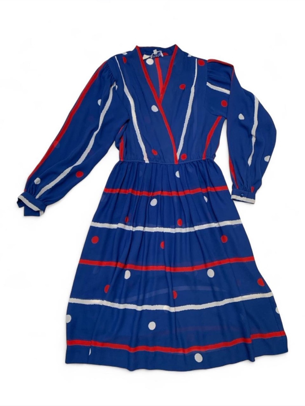 Vintage Leslie Fay Sheer Midi Dress Striped and Polkadots Puff sleeve Size 16